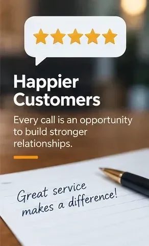 Happier customers through answered calls and stronger customer relationships, shown with a smiling customer-service scene.