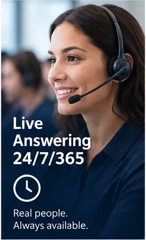 Live answering 24/7/365 with a CallCenterUSA operator wearing a headset; real people are always available.