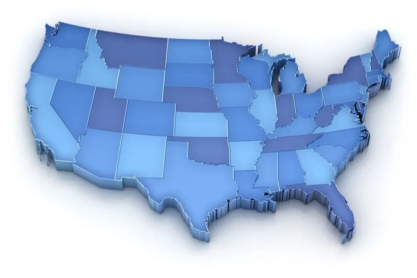 Blue three-dimensional map of the United States showing nationwide coverage