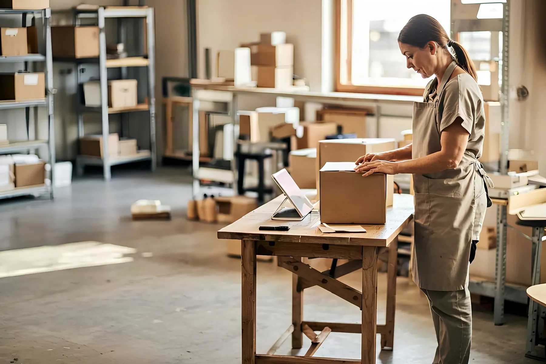 A fulfillment worker in an apron packing a cardboard carton at a bench in a small warehouse