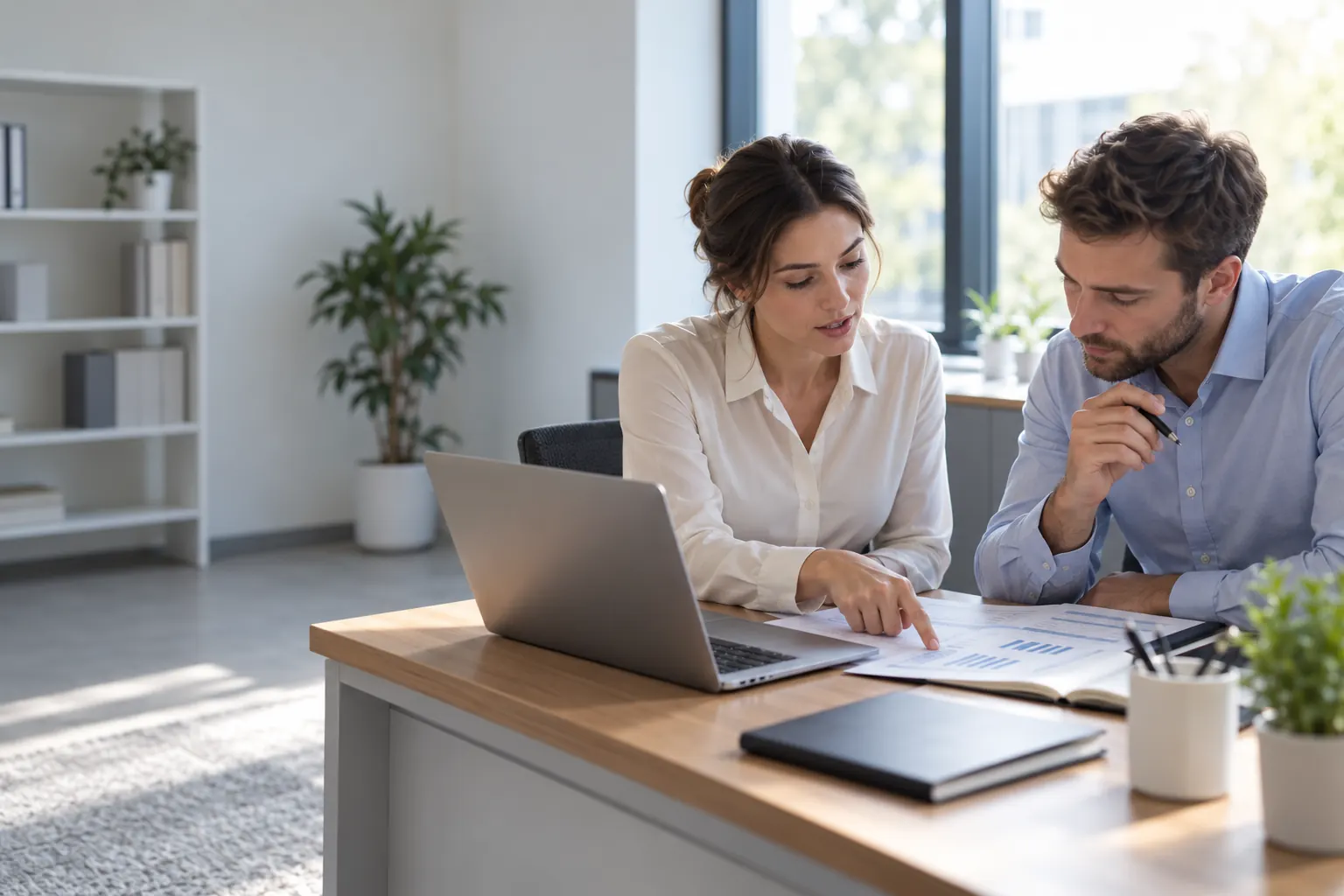 Two colleagues reviewing a printed report together at a desk in a bright professional office