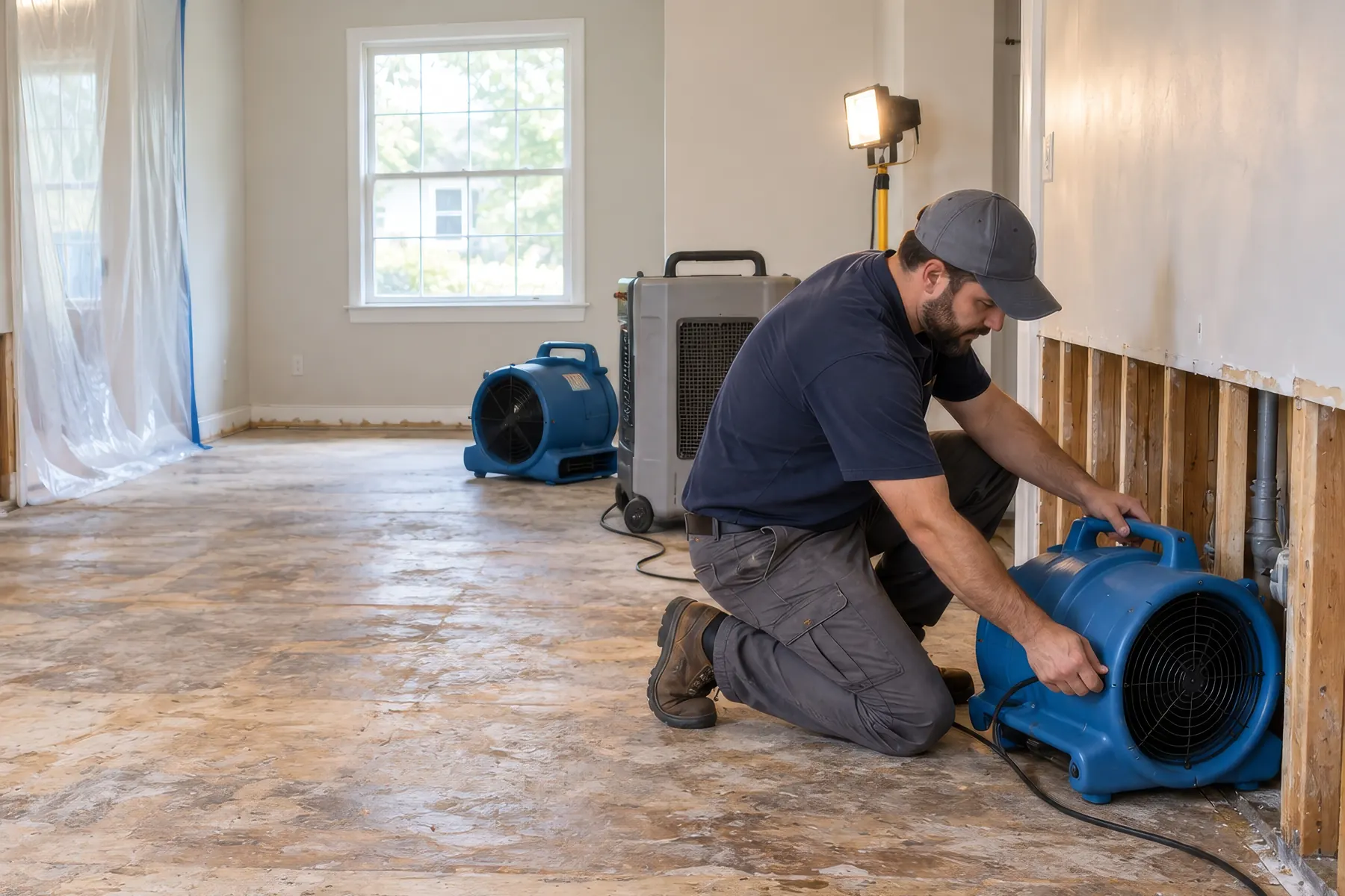 A restoration technician positioning a blue air mover against a flood-cut wall in a stripped room
