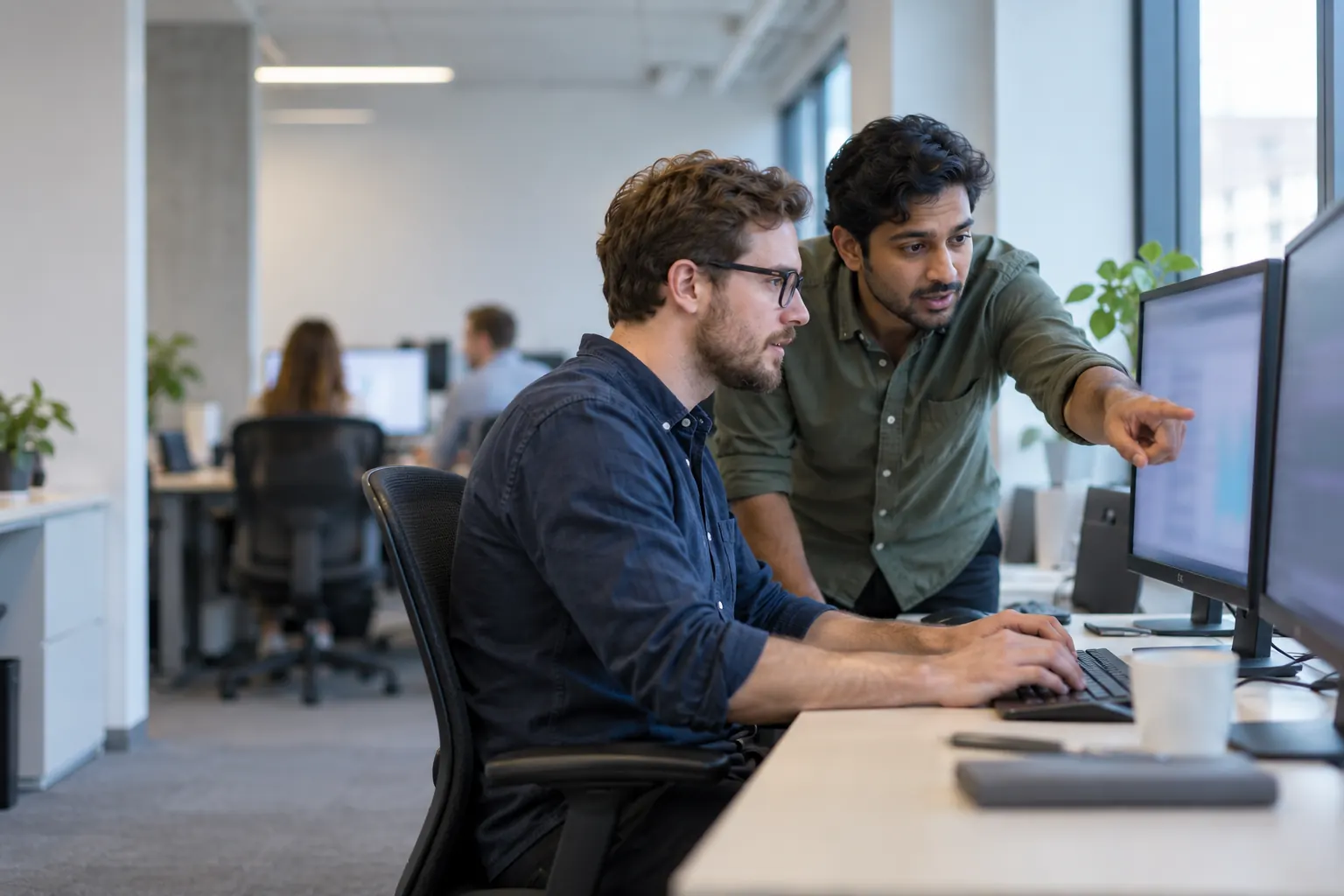 Two engineers reviewing a monitor together at a workstation in an open-plan technology office