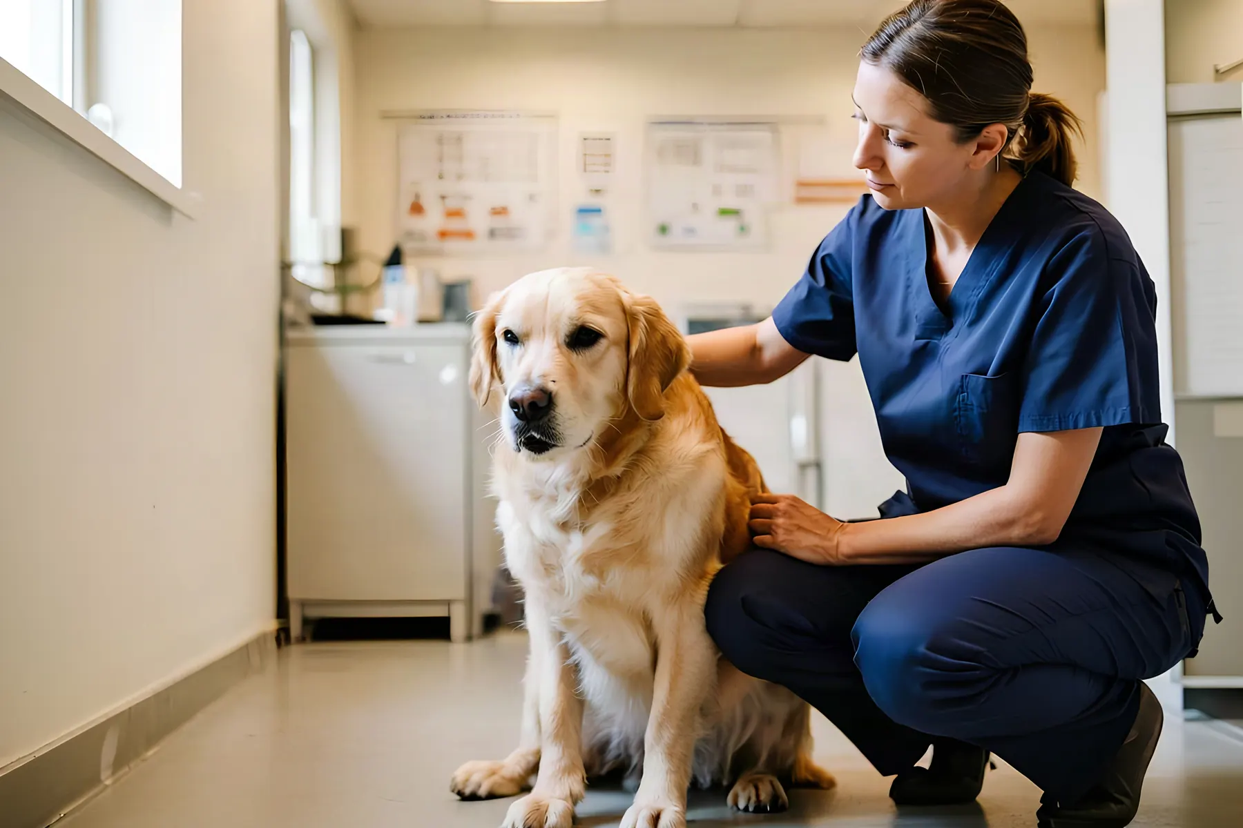 A veterinary team member in navy scrubs kneeling beside a golden retriever in a clinic exam room