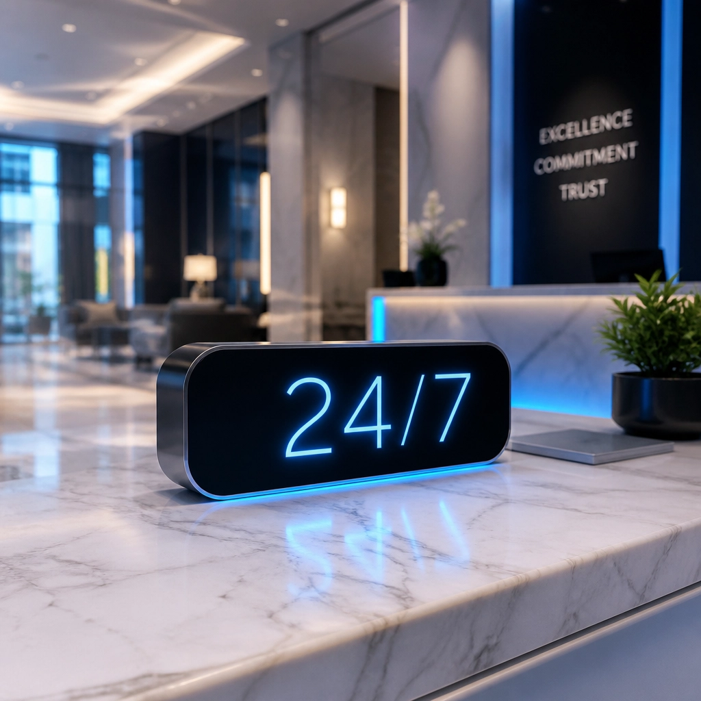 A sleek digital clock displaying 24/7 in a modern professional lobby