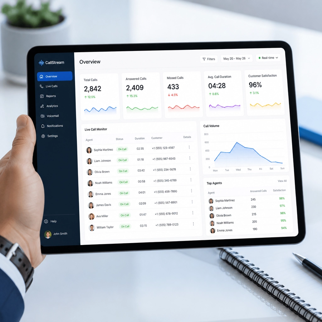 A digital dashboard showing real-time call monitoring metrics