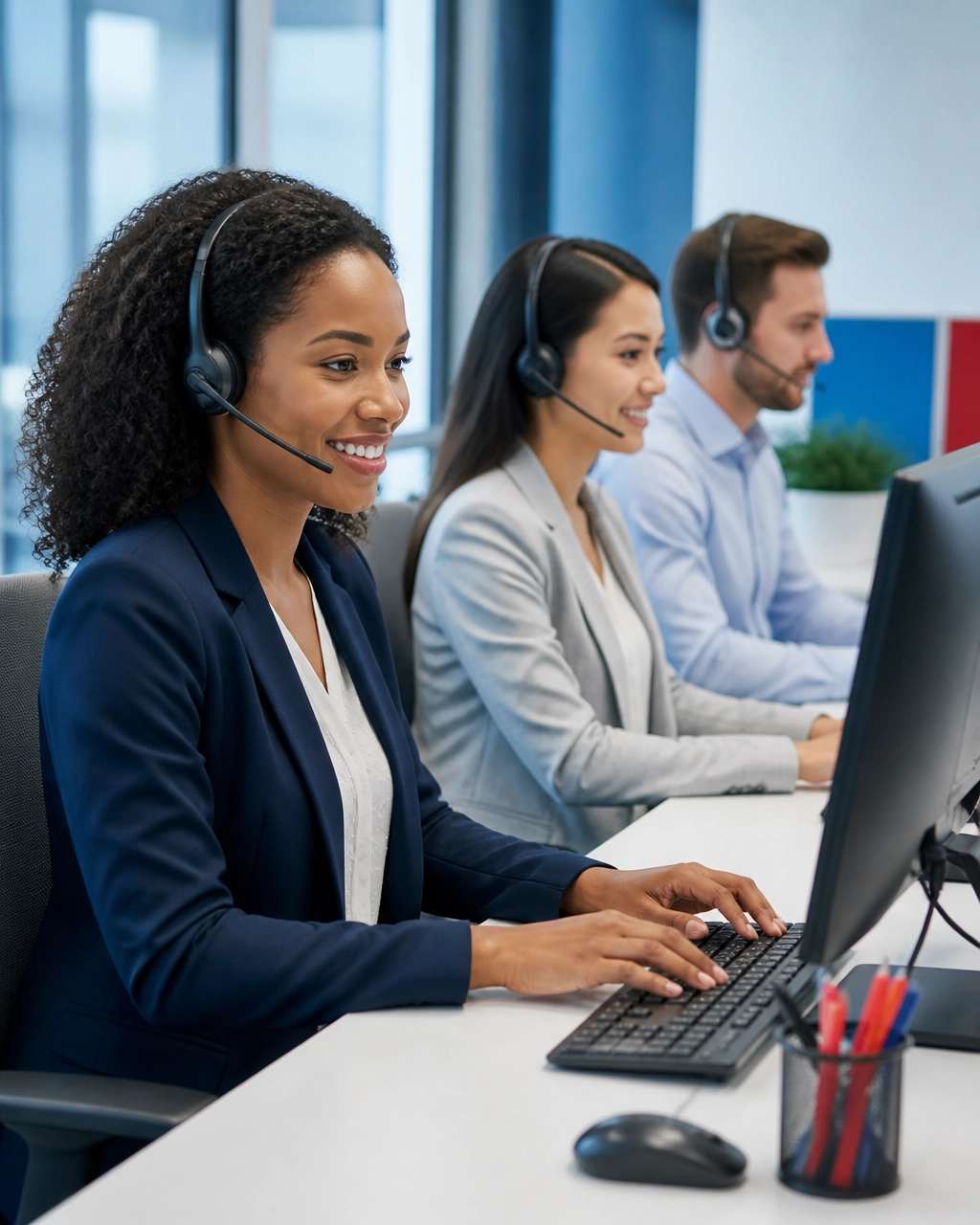 US call center team providing live answering support in a professional office