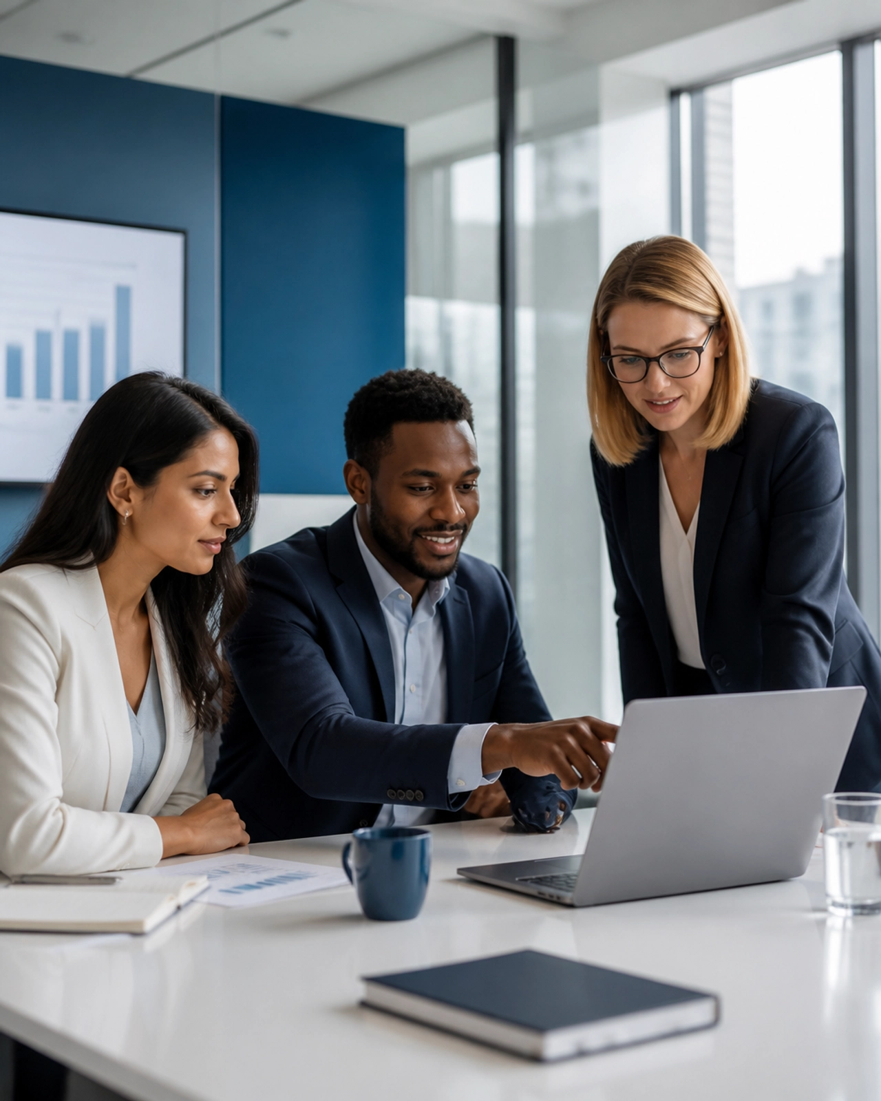 A diverse team of professionals collaborating in a minimalist blue-themed office