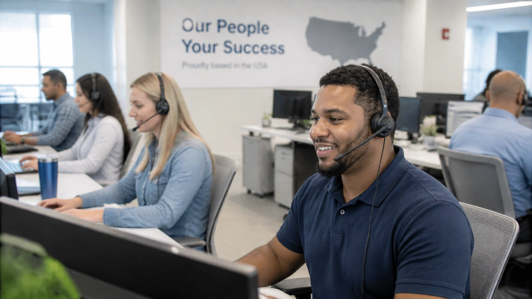 Diverse team of friendly US-based call center operators