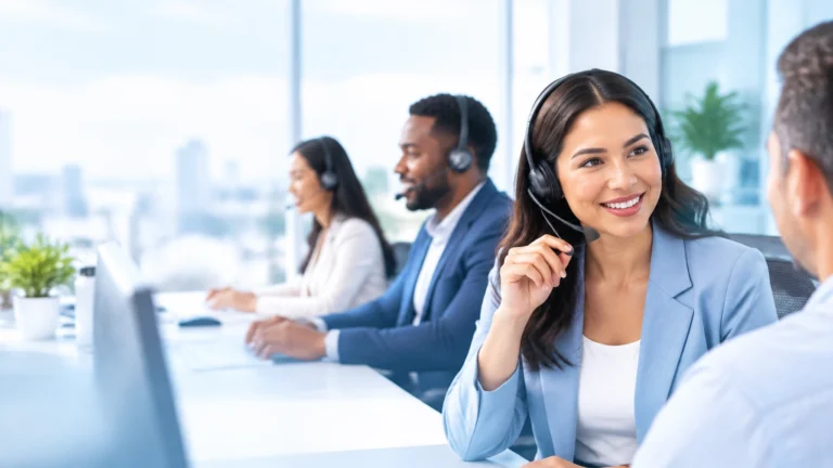 Bilingual answering service operator assisting a caller in a modern office