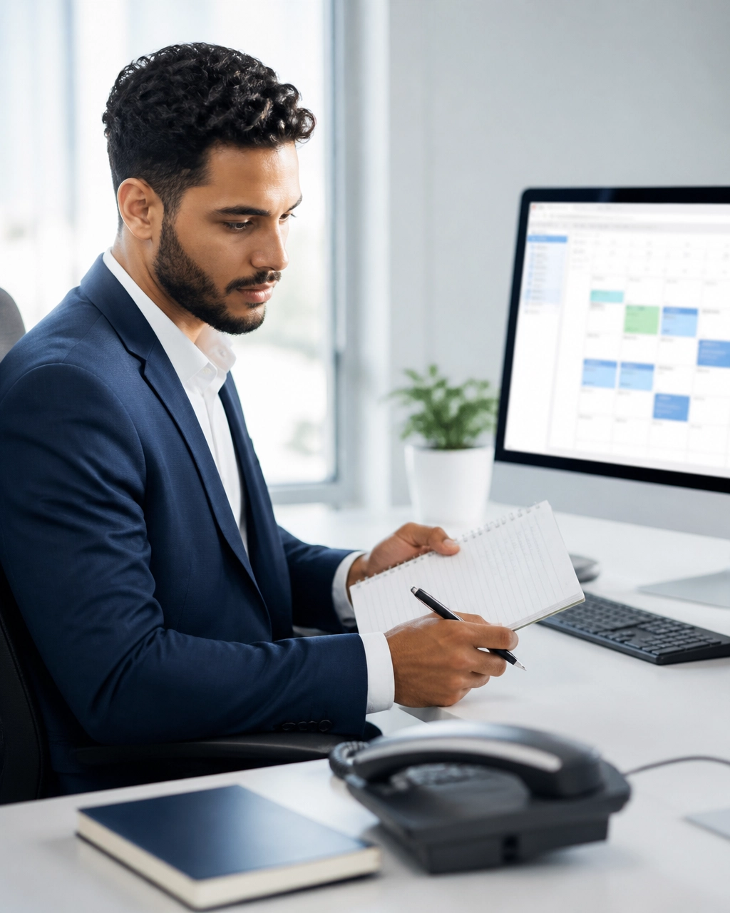 Live answering service professional reviewing customer messages and appointment details at a clean desk
