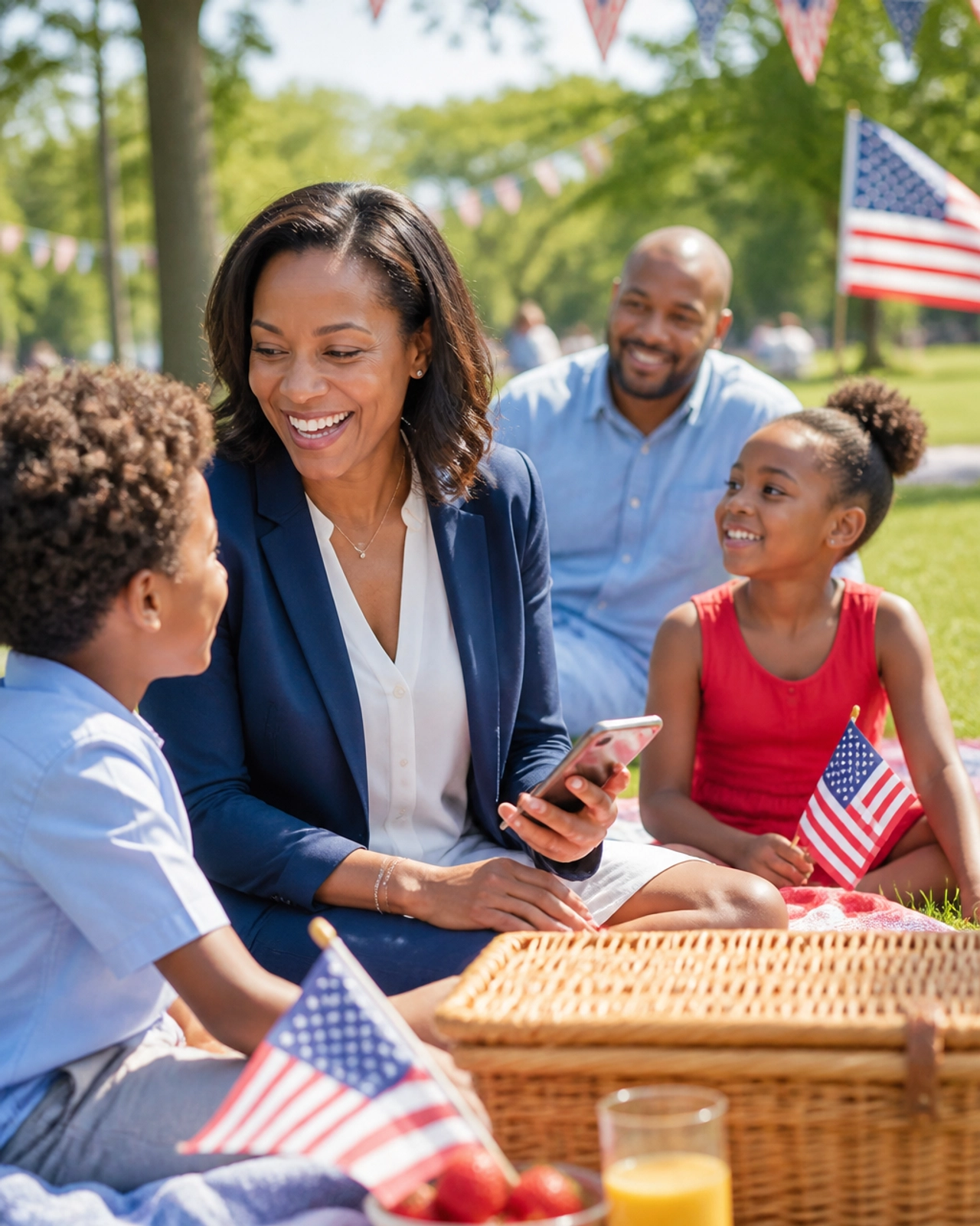 A business owner enjoying a stress-free July 4th picnic with family while her business calls are handled
