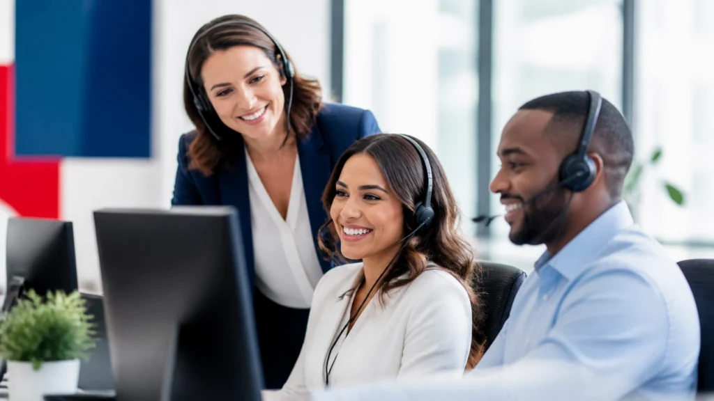 Professional answering service team assisting callers in a modern US-based call center