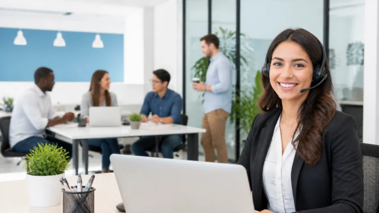A professional, diverse startup team in a bright, modern office representing growth and communication.