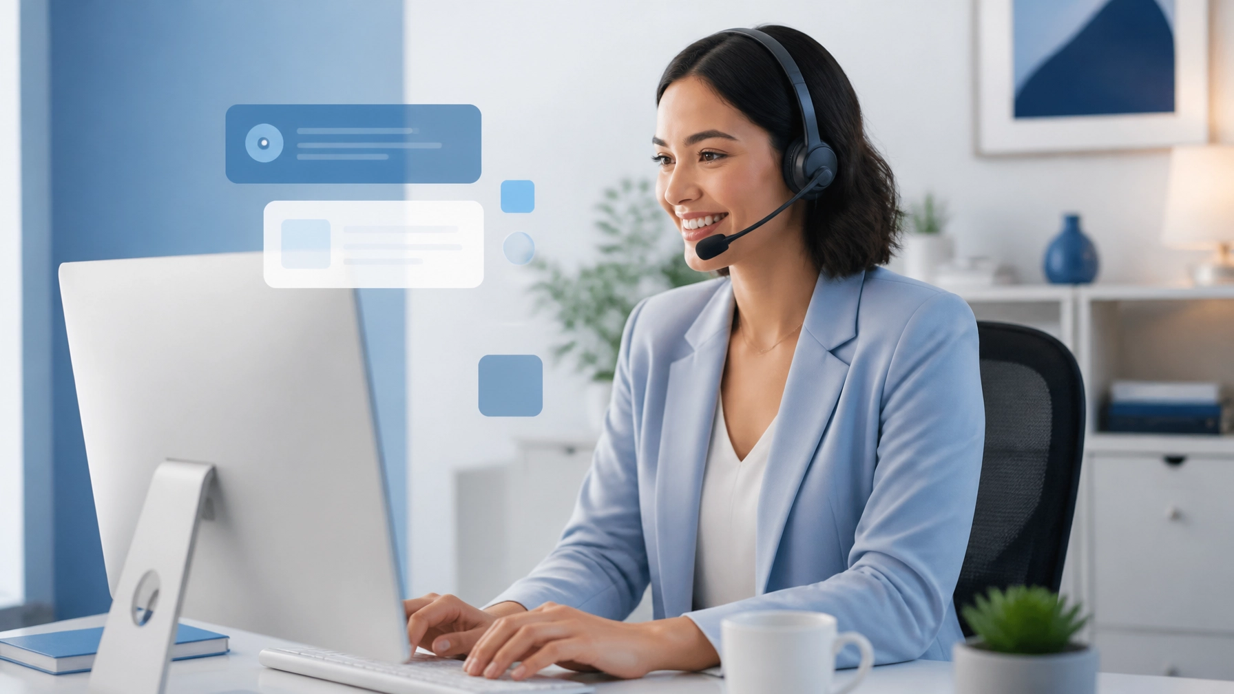 Professional answering service representative managing customer calls and organized contact information