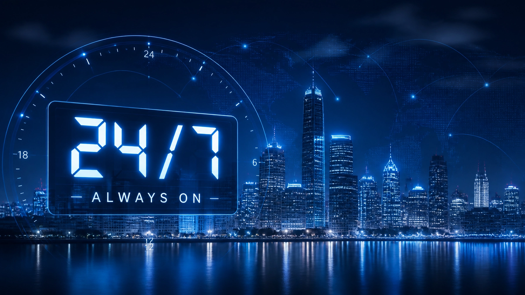 A modern clock and city skyline representing 24/7 reliability and service