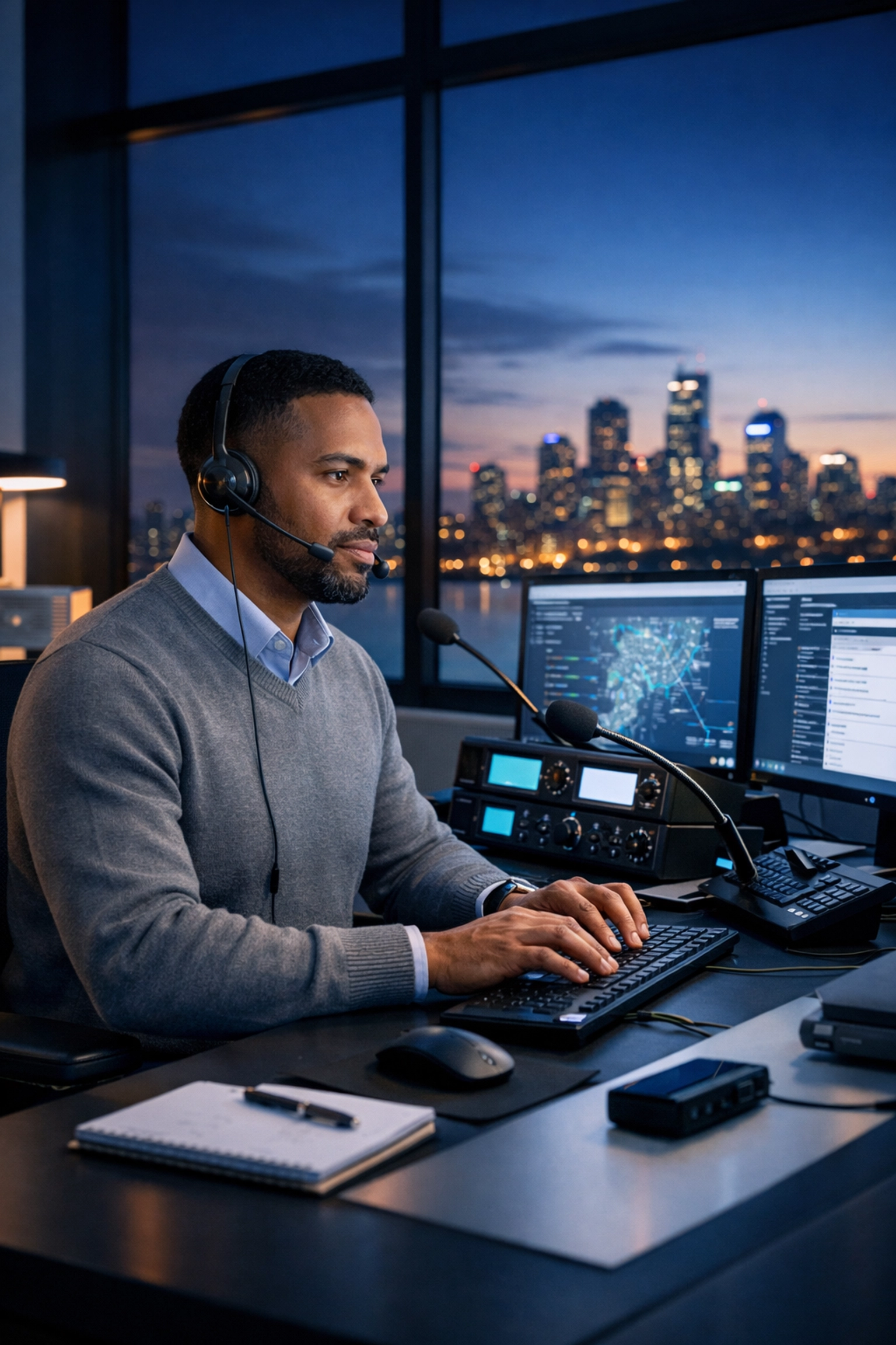 Medical answering service operator handling urgent after-hours patient calls during evening shift.