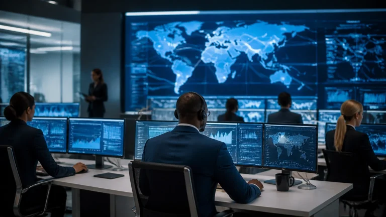 Disaster recovery call center command center with staff monitoring live business communications.