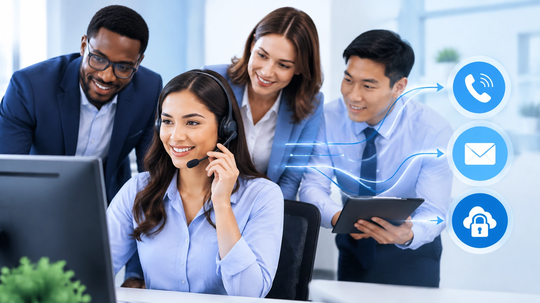 Bilingual answering service team collaborating around a workstation with digital message workflows