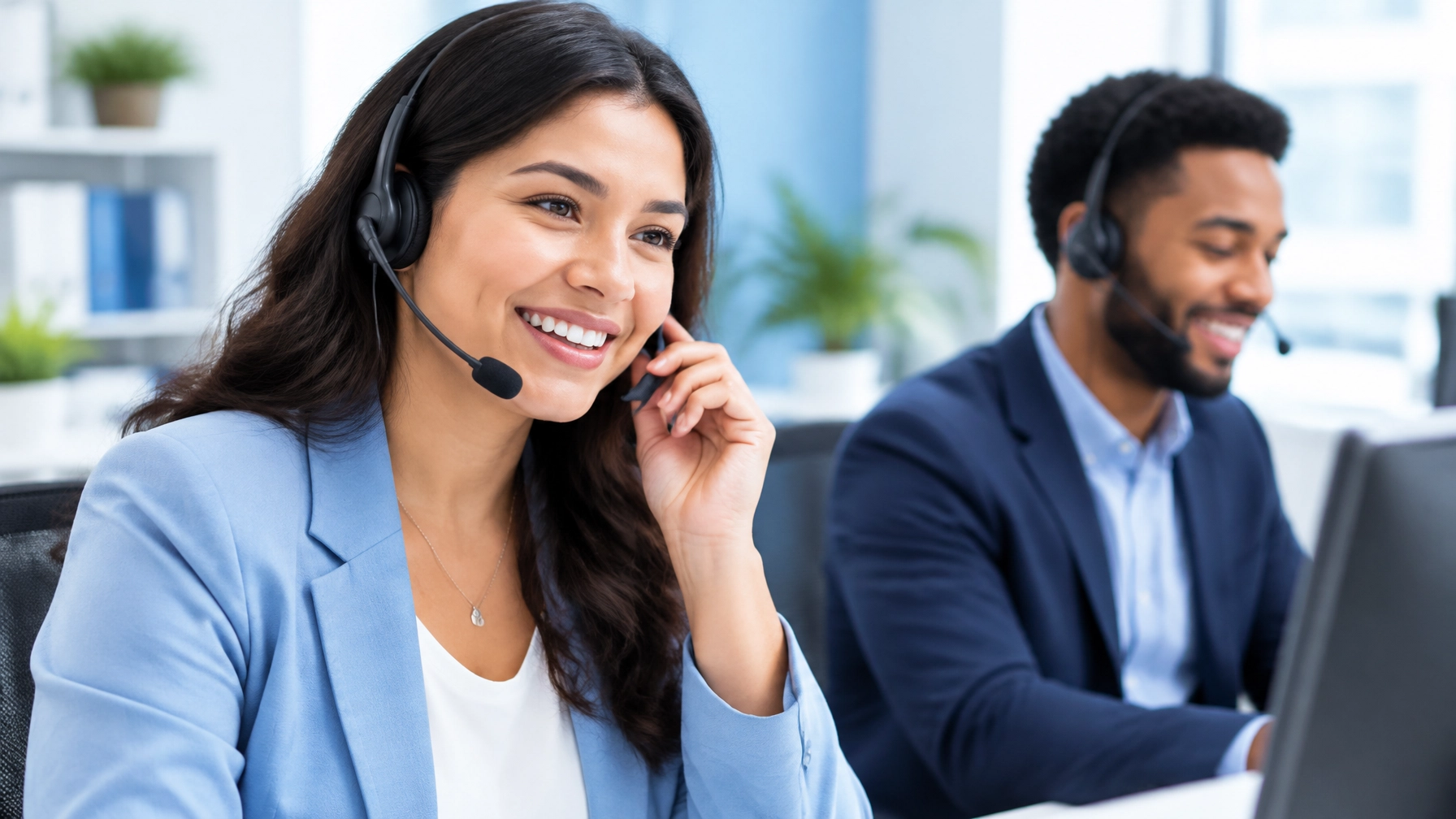 Bilingual answering service team providing multilingual support in a modern office