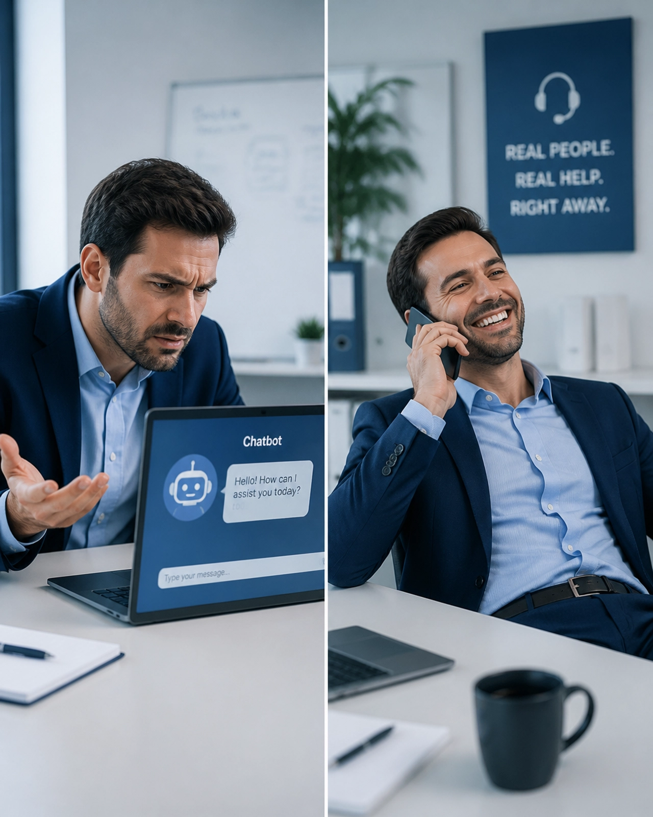 Comparison between a frustrated person using a chatbot and a relieved person talking to a human