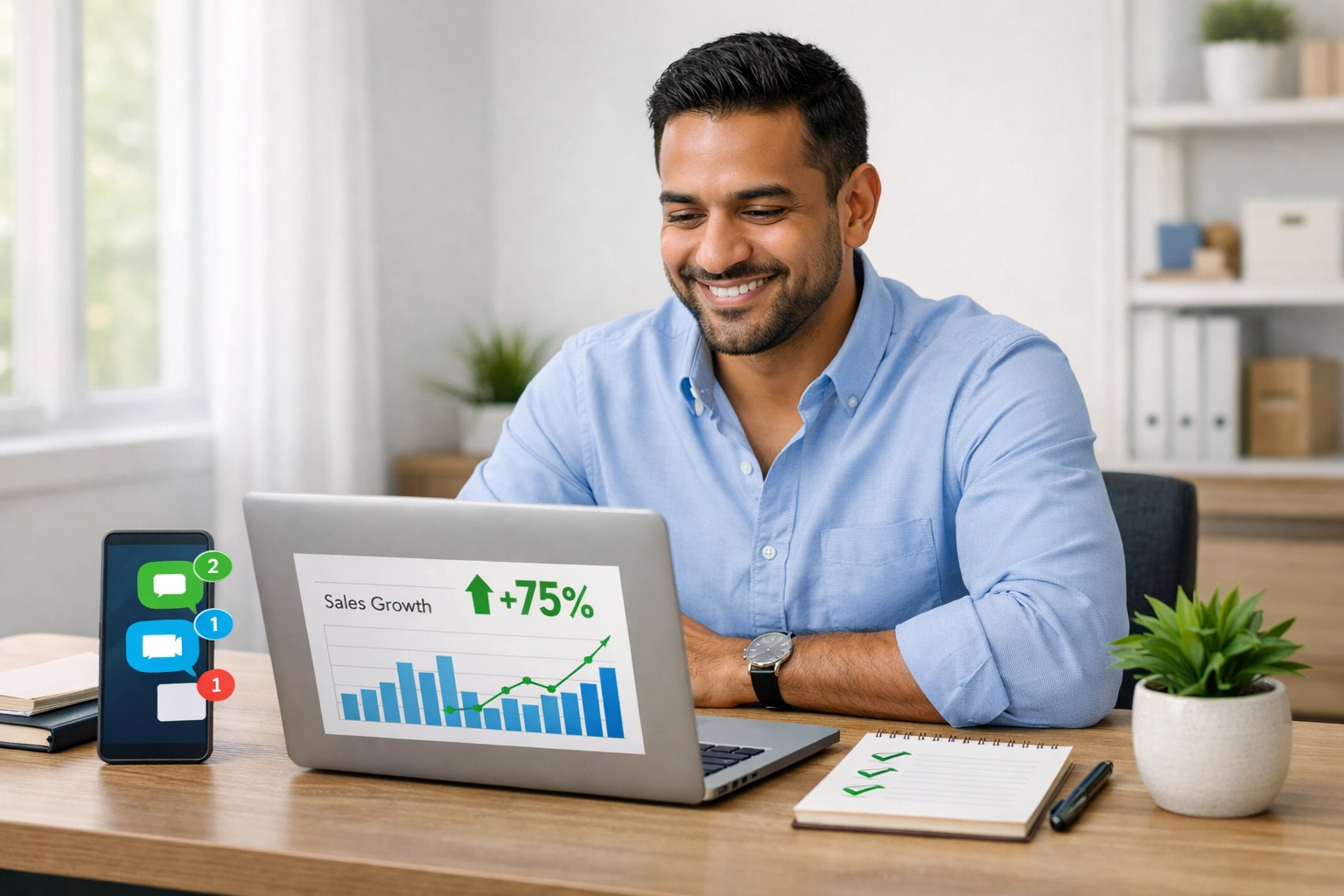 Small business owner reviewing successful multi-channel customer service metrics