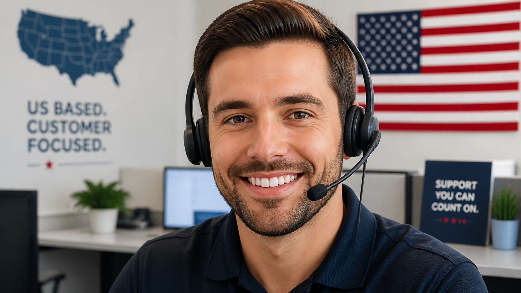 A friendly US-based call center operator wearing a professional headset