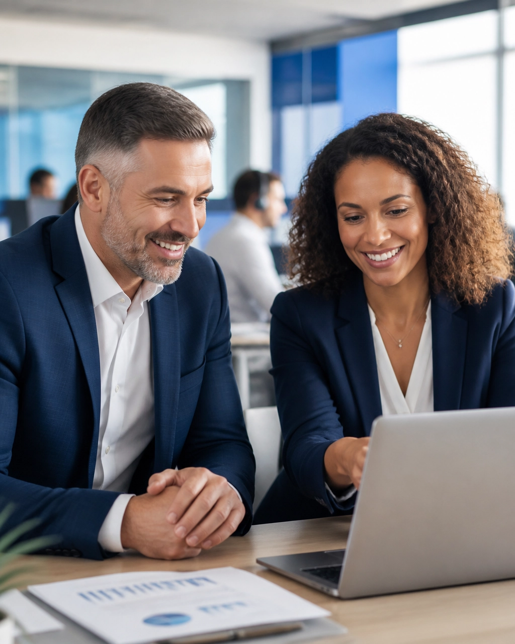 US call center manager and business leader reviewing customer service performance together
