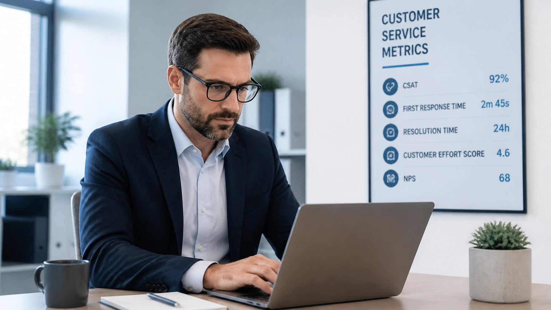 Call center services manager reviewing customer service metrics on a sleek laptop