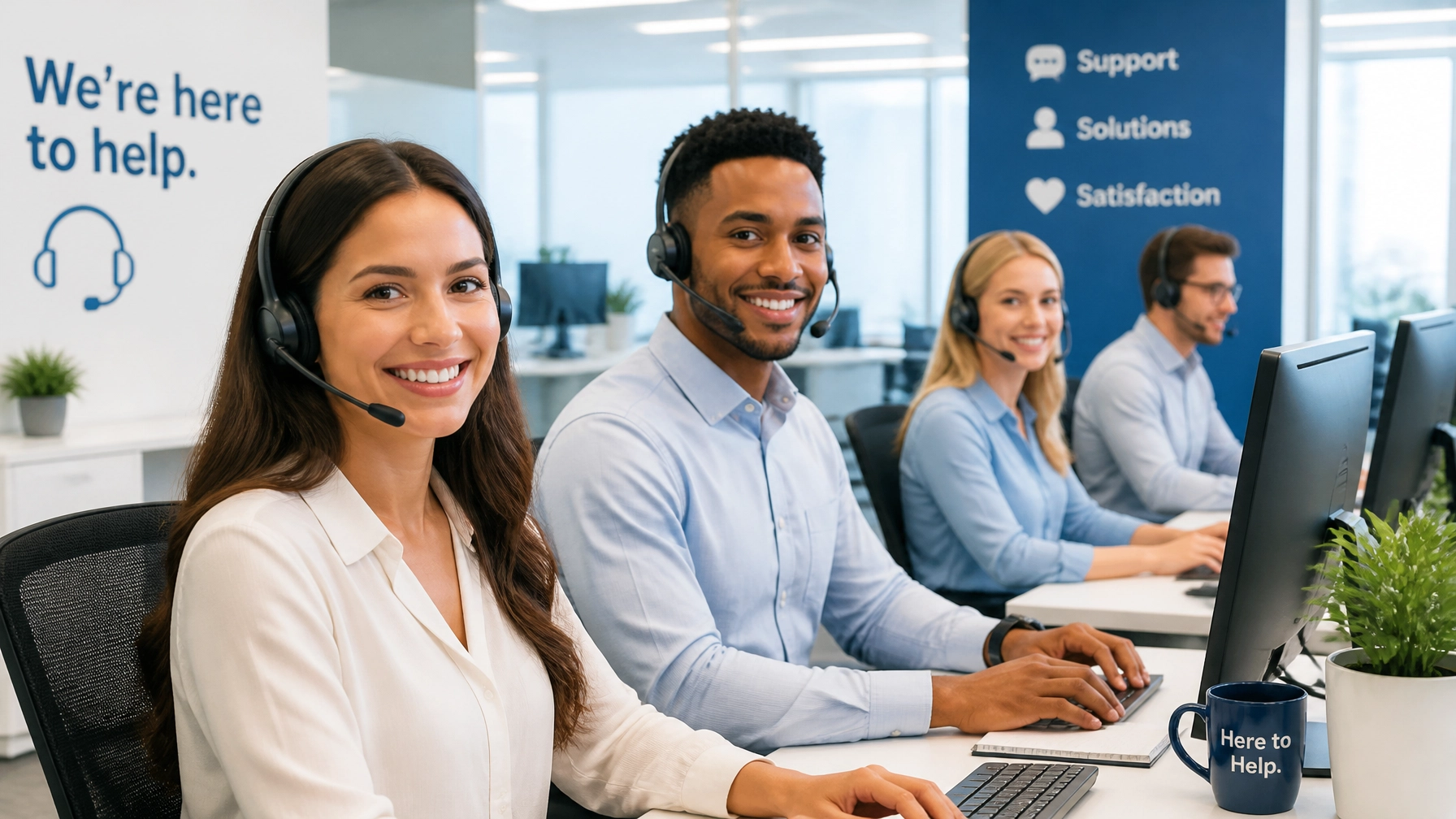 A collaborative team of customer support professionals in a well-lit modern office