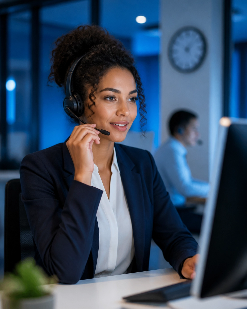 Virtual receptionist providing evening call coverage in a modern office
