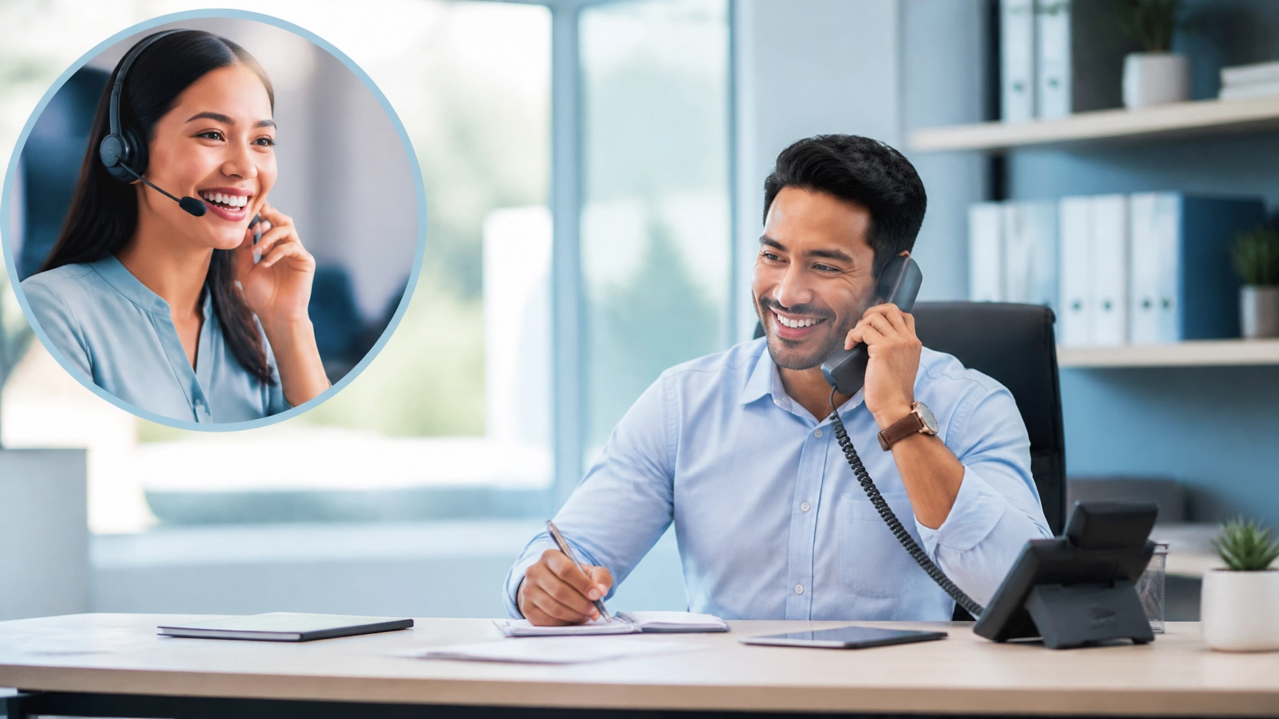 Small business owner taking a call supported by a professional answering service team