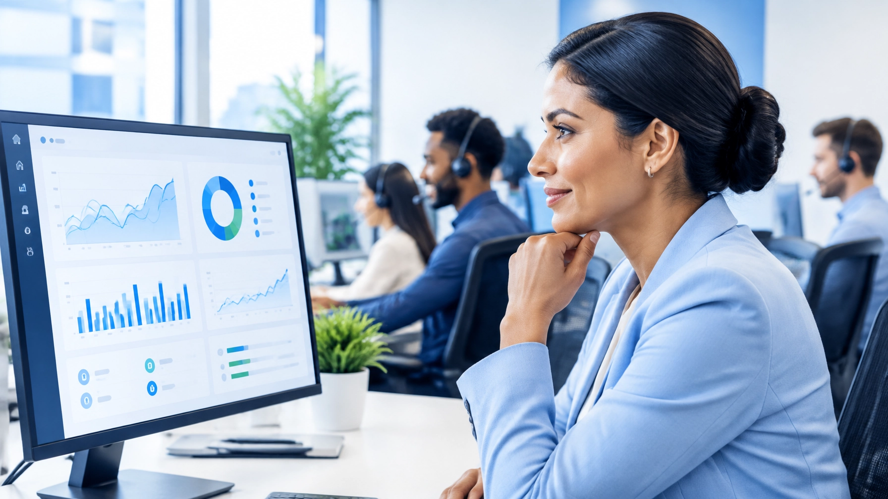 Call center in USA manager reviewing call analytics with a support team