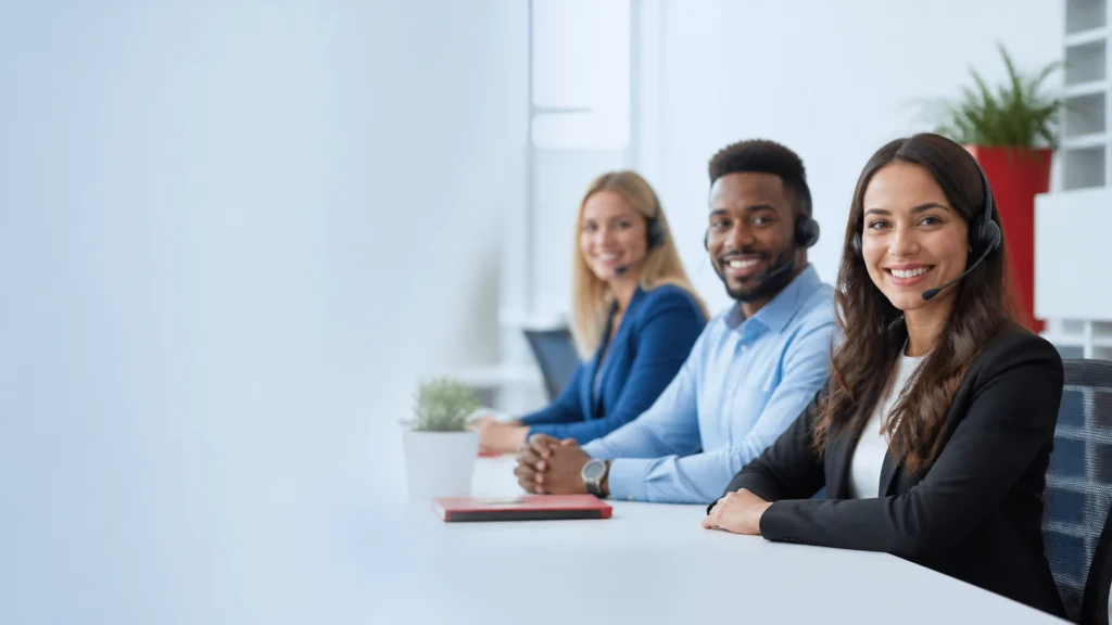 Live answering service team assisting callers in a bright modern office