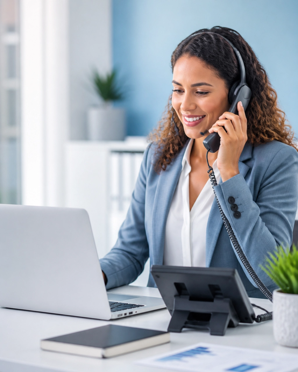 Live answering service agent answering a business call while reviewing lead information