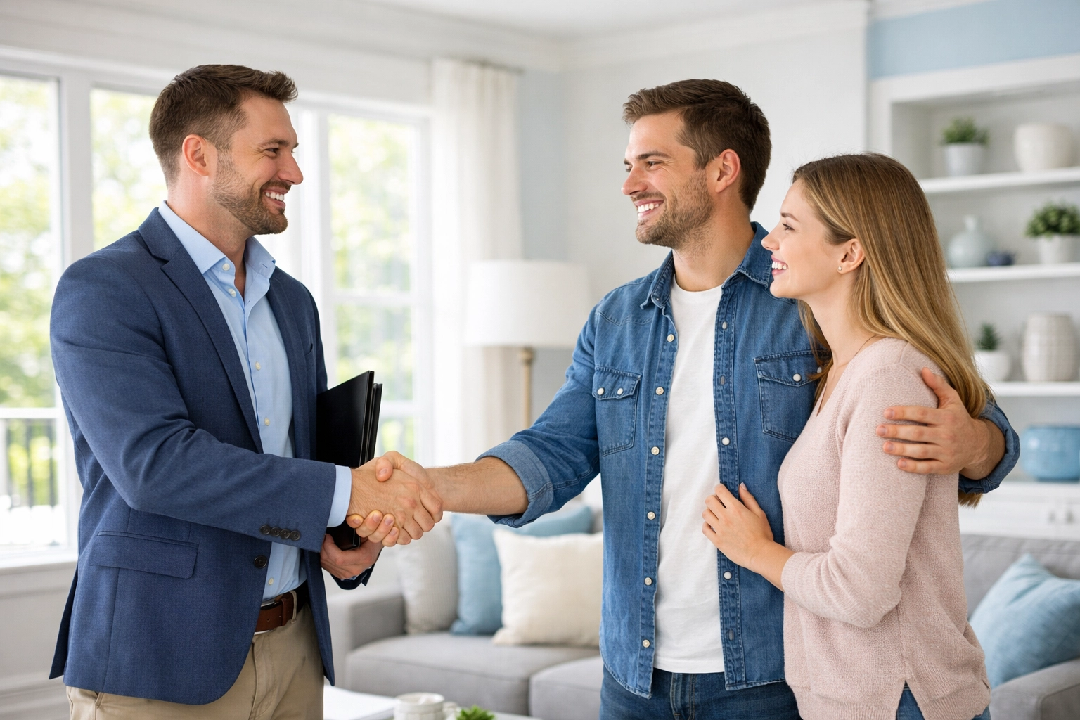 Real estate agent meeting with homebuyers after successful appointment scheduling