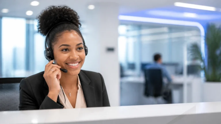 A professional receptionist smiling warmly while handling a call in a modern 2026 office setting