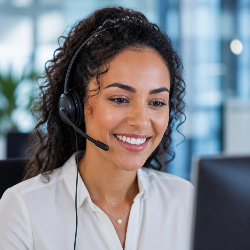 Help desk services agent wearing a headset while assisting a customer professionally.