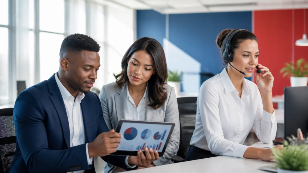Business professionals reviewing staffing costs with live answering service support options