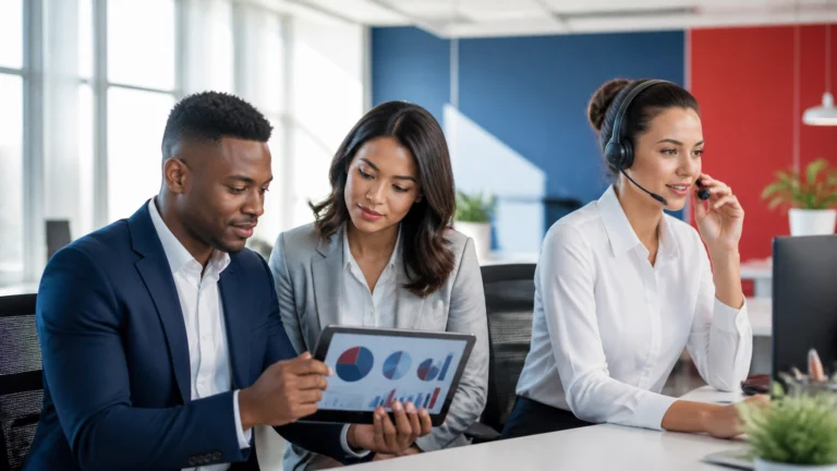Business professionals reviewing staffing costs with live answering service support options