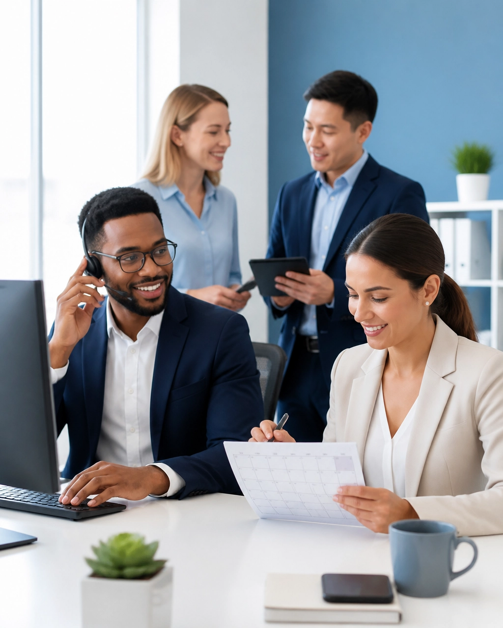 Live answering service staff coordinating after-hours call coverage in a bright modern office