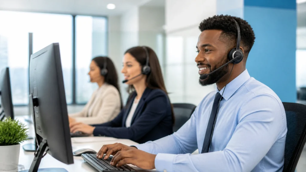 Customer service support team assisting callers in a modern call center office