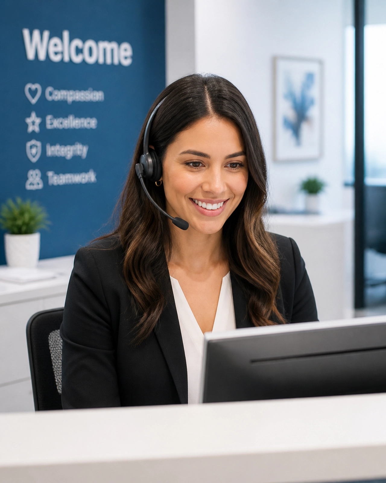 Professional female receptionist smiling and providing help