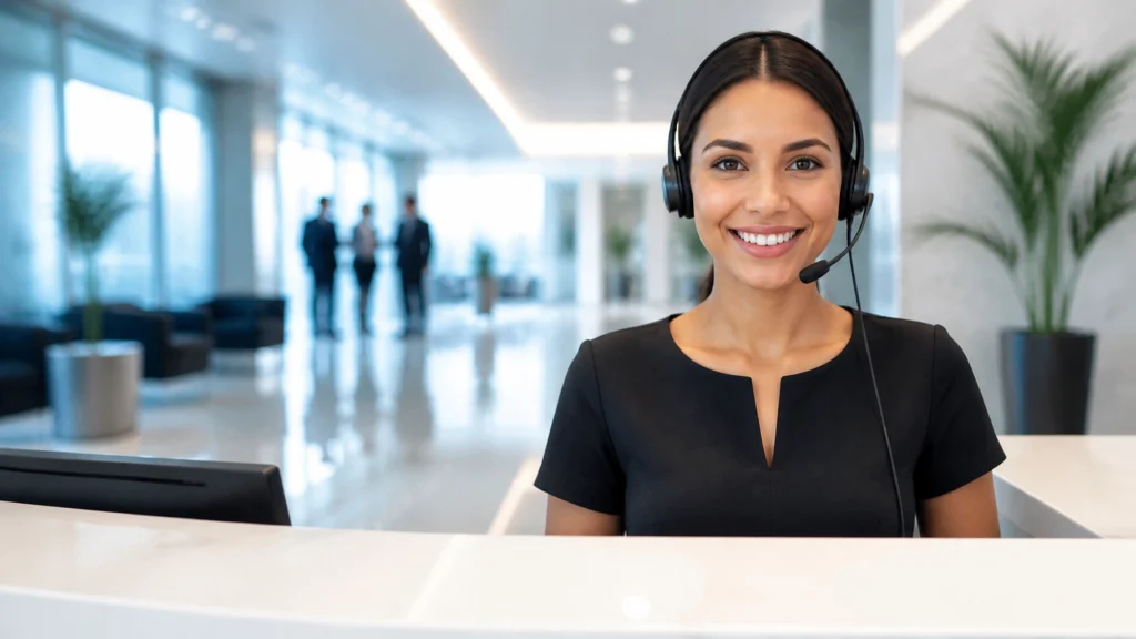 A professional receptionist with a headset in a modern blue and white office setting