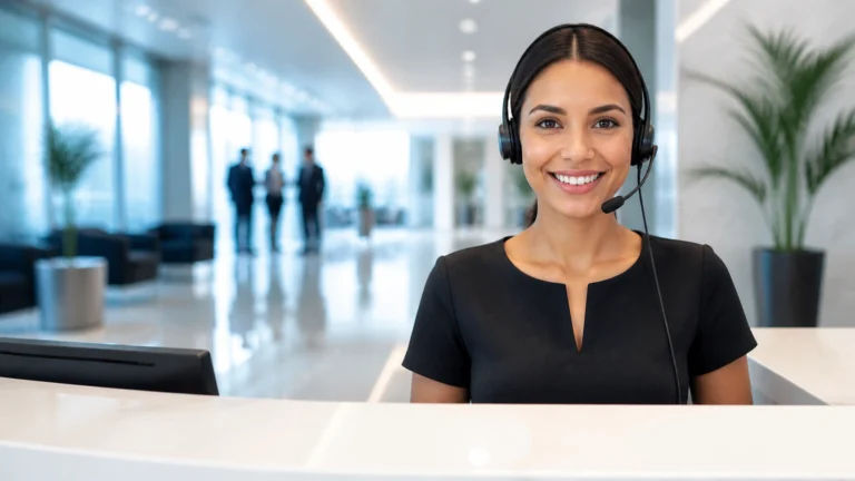 A professional receptionist with a headset in a modern blue and white office setting