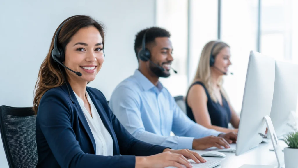 Virtual receptionists answering customer calls in a bright modern office