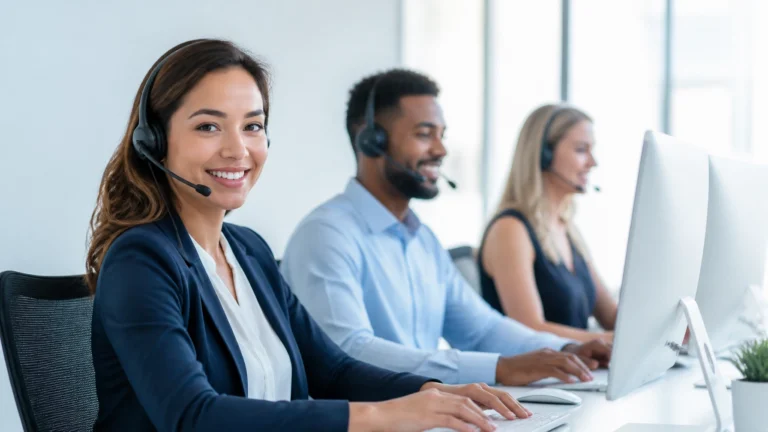 Virtual receptionists answering customer calls in a bright modern office