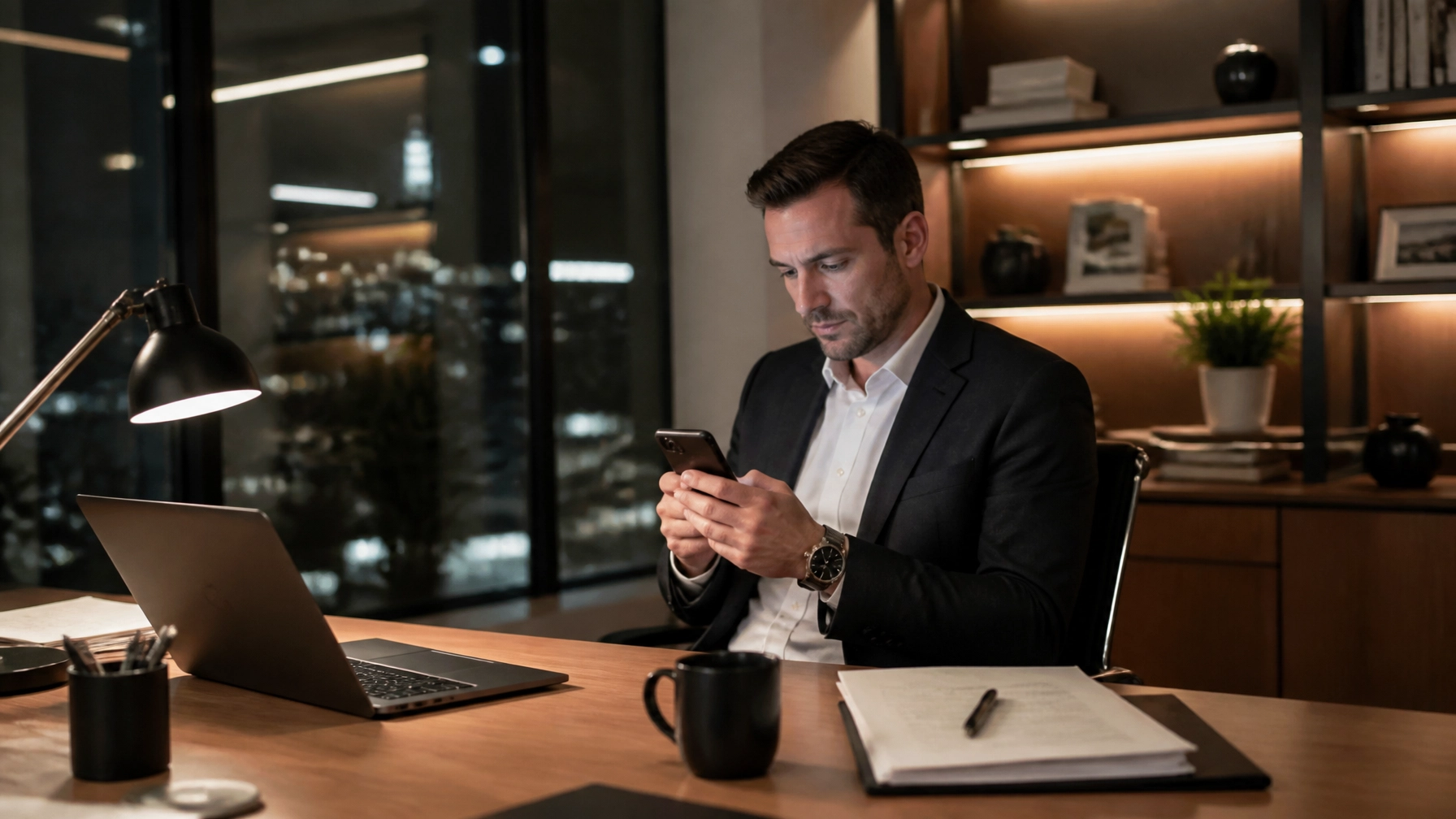 Business professional working late with 24/7 live answering service support in a modern office