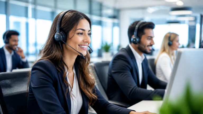 A diverse group of professional call center agents working in a modern, bright office