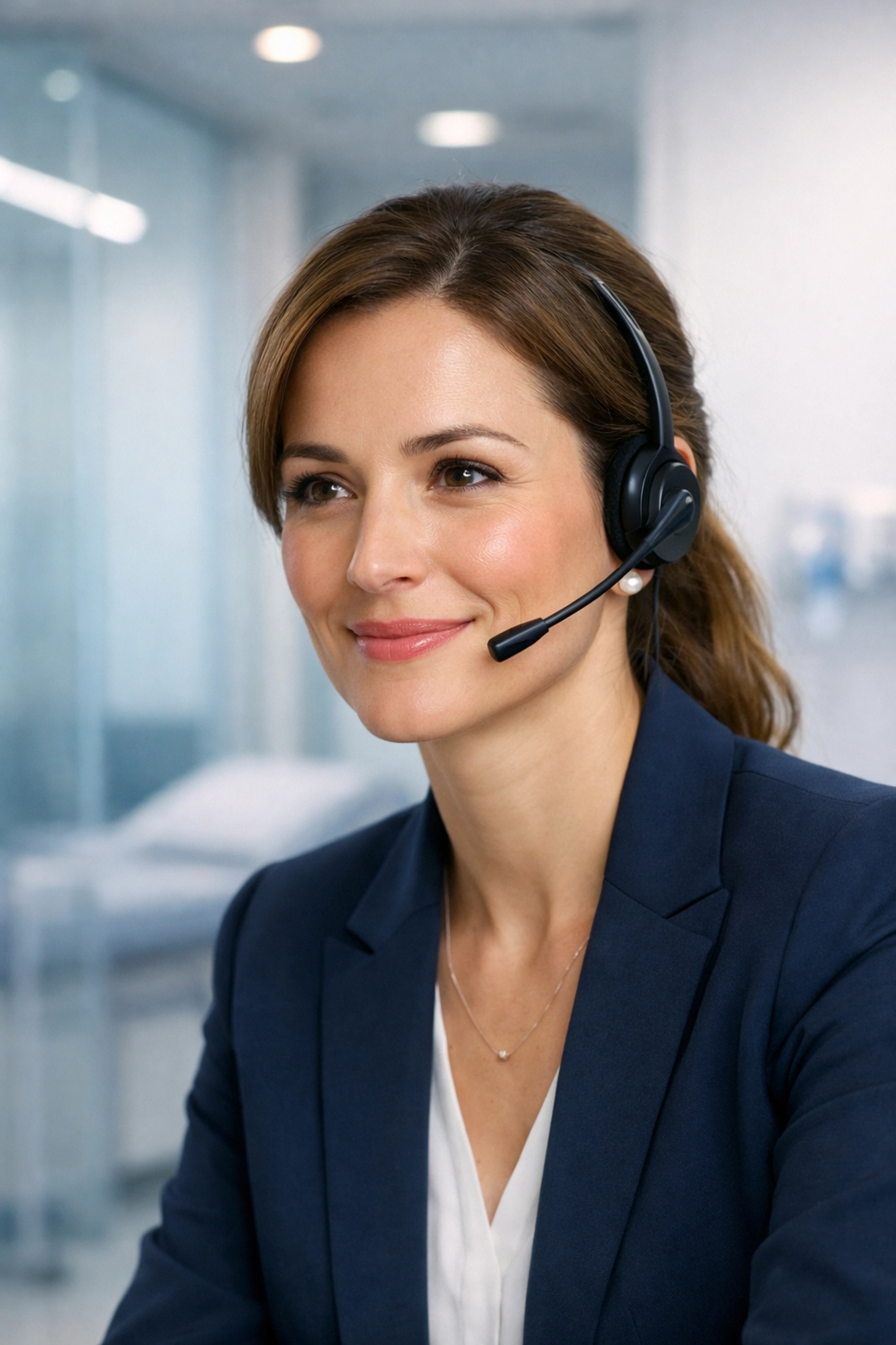 Medical answering service specialist providing empathetic patient support in a modern office.